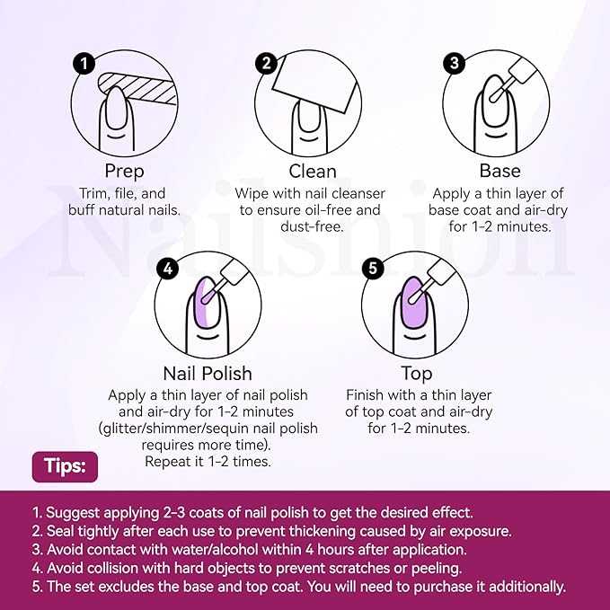Nailshion Purple Sparkle Nail Polish, Mermaid Shimmer Shades Fingernail Polish Duo, Caster Oil Enriched, Non-Gel, Vegan, Opaque, Quick Dry Lilac Glitter DIY Nail Art Gift for Women Girls