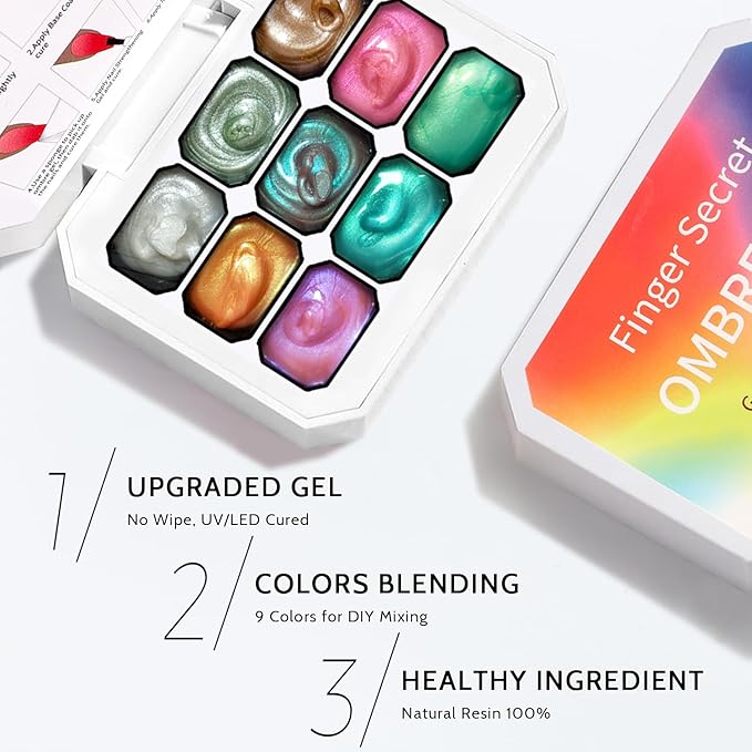Karroy Christmas Pearl Gel Nail Polish, 9 Colors Glitter Ombre Gel Polish Palette Pat Paint Aurora Mermaid Gold Silver Green Pink Sparkle Reflective Holographic, 100Sponges 6Brushes 1Grabber (Set 12)