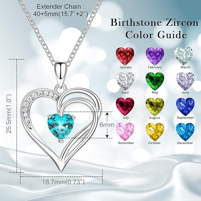 AM ANNIS MUNN 925 Sterling Silver Heart Necklace for Women Birthstone Necklace Silver Jewelry for Womens Jewelry Gifts for Women Her Mom