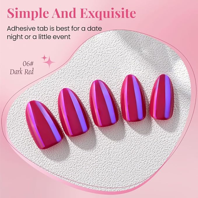 evpct Dark Red Press on Nails Almond Short, Dark Purple Red Chrome Glazed Glossy Short Almond Soft Gel Press On Nails with Nail Kit for Women Gift, 15 Sizes 30Pcs Reusable Stick Acrylic Fake Nail Kit