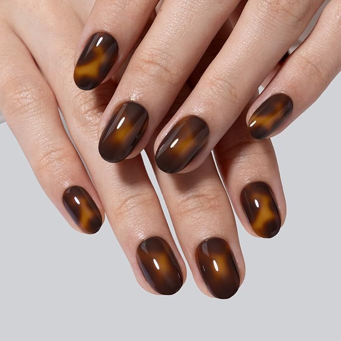SHANGMENG Tortoise Shell Press on Nails Short - Soft Gel Oval Press on Nails for Women, Seamless Fit & Glossy Glue on Nails 16 Sizes - 32 Reusable Fake Nails Kit with Glue, Amber Memory