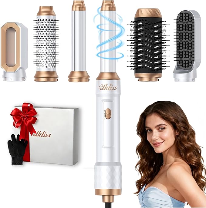 Ukliss Hair Dryer Brush 6 in 1 & Blow Dryer Brush | Controlled Airflow for Effortless Auto-Wrap Curls & Frizz-Free Shine, Salon Styling at Home for All Hair Types with ALCI Plug