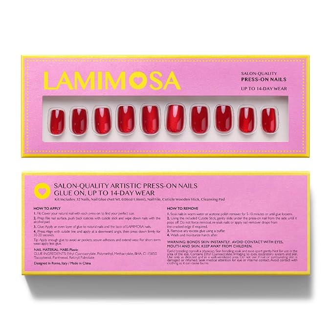LAMIMOSA 32Pcs Red Cat Eye Press On Nails Short Square, Nail Kit, Soft Gel Fake Nails in 16 Sizes, Reusable Glue on Nails, RED VELVET