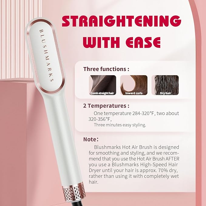 BLUSHMARKS Hair Straightening Brush, Upgraded Negative Ionic Straightener Comb and Blow Dryer 2 in 1 for Women and Girl, 3 Optional Mode, Hot Air & Cold Air and Straighten & Curl Hair, Idea Gift
