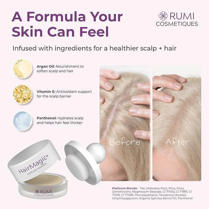 Rumi Cosmetiques HairMagic+ Root Touch Up Powder for Mature Women – Instant Gray Hair Coverage & Hairline Filler – Water-Resistant, Natural Finish, with Argan Oil & Vitamin E (Platinum Blonde)