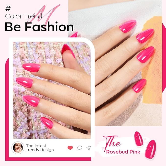 Modelones Hot Pink Press on Nails Almond, Valentine's Day Short Almond Fake Nails, Reusable Nail Kit with Nail Glue Adhesive Tabs Mini Nail File, Nails Press Ons 32Pcs 16Sizes