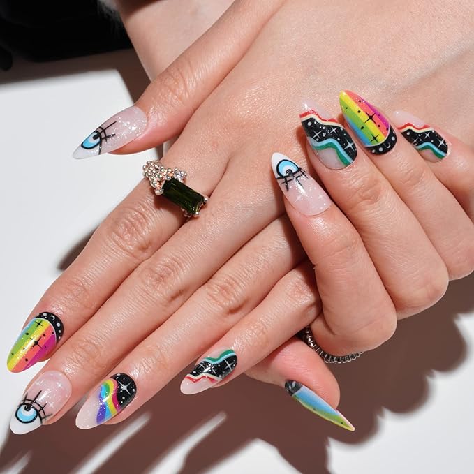 GLAMERMAID Press on Nails Medium Almond, Spring Gothic Black with Rainbow Galaxy Gel Glue on Nail, 24Pcs Glossy Short Stiletto Reusable UV Finish Fake Nails Acrylic False Nails Manicure Kits for Women