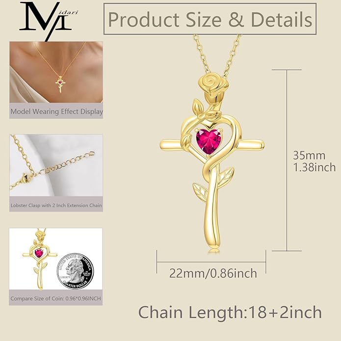 Midari 18K Yellow Gold Cross Pendant Rose Birthstone Necklaces for Women Christian Cross Jewelry with 12 Months Birthstone Birthday Gifts for Wife Her Daughter Mom