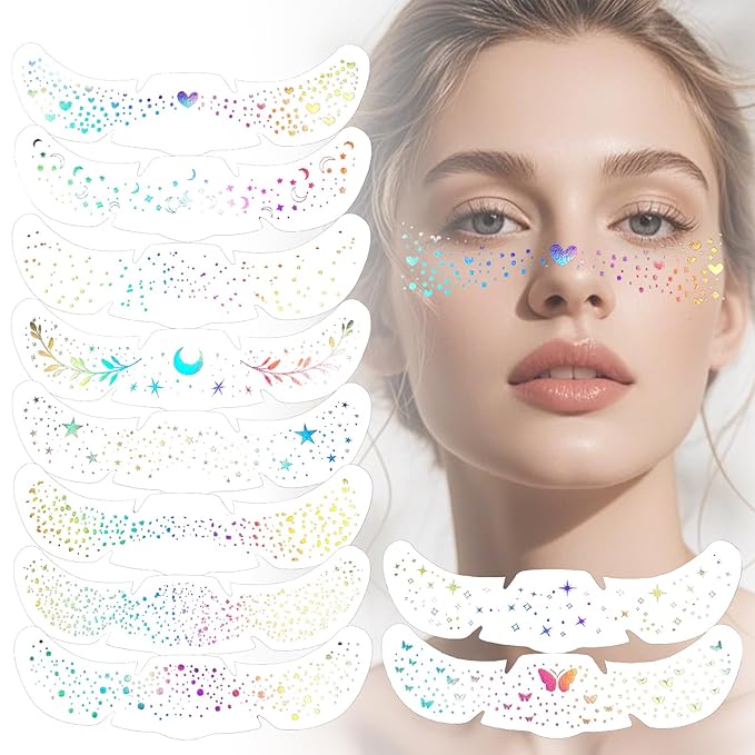 Boko 10Pcs Holographic Glitter Freckles Face Tattoo, Star Face Glitter Speckles Makeup Patches for Pride Accessories, Waterproof Sparkle Temporary Tattoos for Festival Concert Party Rave Accessories