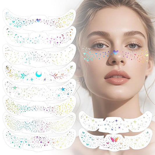 Boko 10Pcs Holographic Glitter Freckles Face Tattoo, Star Face Glitter Speckles Makeup Patches for Pride Accessories, Waterproof Sparkle Temporary Tattoos for Festival Concert Party Rave Accessories