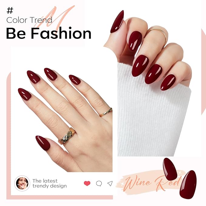 Modelones Dark Red Press on Nails Almond, Valentines Short Almond Fake Nails, Reusable Nail Kit with Nail Glue Adhesive Tabs Mini Nail File, Nails Press Ons 32Pcs16 Sizes, Women Girl Gift