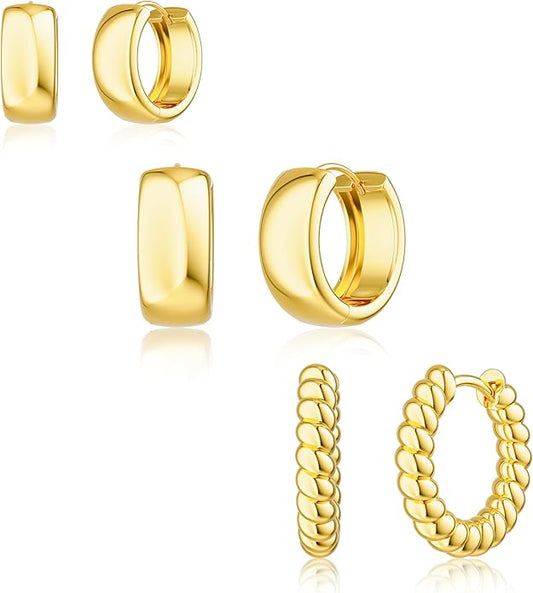 Freekiss 3 Pairs Gold Hoop Earrings Set: Dainty Stud Earrings Trendy Small 14K Gold Plated Hypoallergenic Dangle Cartilage Huggie Hoop Earrings for Women Gold Jewelry for Women Gifts