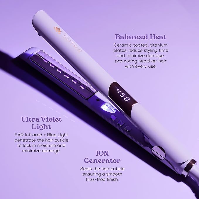 SUTRA Ultra Violet Flat Iron - 1” Infrared & Blue Light Ceramic Flat Iron with Ionic Technology, Digital Temp Control to 450°F, Floating Plates, Dual Voltage, Auto Shut Off, Smooth Styling