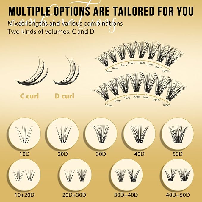 QUEWEL Lash Clusters 320Pcs Cluster Lashes 20D+30D D Curl Lash Cluster Eyelash Extensions Mix12-18mm Individual Eyelashes Clusters Wispy Lash Clusters Thin Band Soft to Use at Home(20D+30D D Mix12-18)