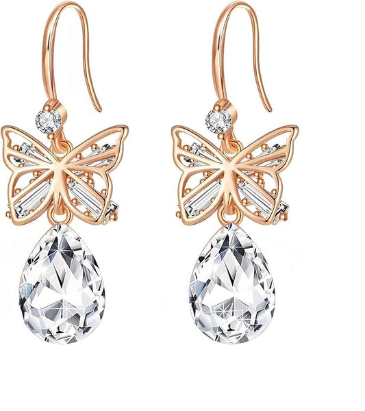 Austrian Crystal Teardrop Butterfly Drop Dangle Earrings for Women 14K Rose Gold Plated Hypoallergenic Jewelry