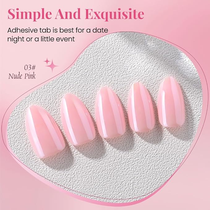 Press on Nails Short Almond - Nude Pink Chrome Glazed Glossy Press on Nail Tips Stick on Nails with Nail Kit for Gift, Reusable Stick On Nails in 15 Sizes 30 Full Cover Acrylic Soft Gel Fake Nails Kit