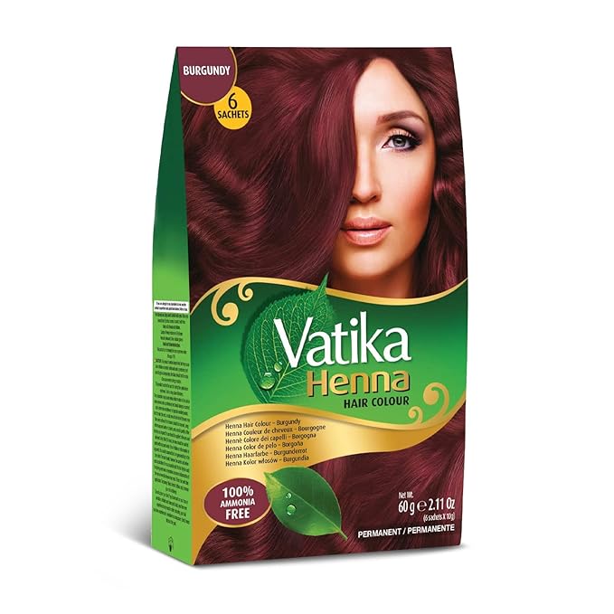 Vatika Naturals Permanent Hair Dye Burgundy – Ammonia-Free With Natural Henna, Grey Coverage, Nourishing Herbal Blend, Long-Lasting Hair Color for Soft, Shiny Results – 6 Sachets X 10g