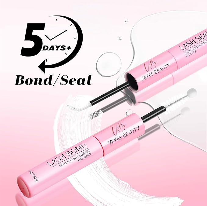 VEYESBEAUTY Lash Clusters Kit Individual Eyelash Extensions Thin & Invisible Band DIY False Eyelashes Newbie's Five-Second Series Wispy Lash Tray, Bomb KIT with Bond&Seal Remover Applicator