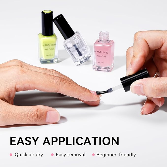 Nailshion Clear Top Coat and Sheer Pink Base Coat Ridge Filler Strengthening Anti Chip Nail Polish, Non Gel, Rich in Castor Oil, Salon Quality, High Glossy Quick Dry Home DIY Nail Art Gift Set