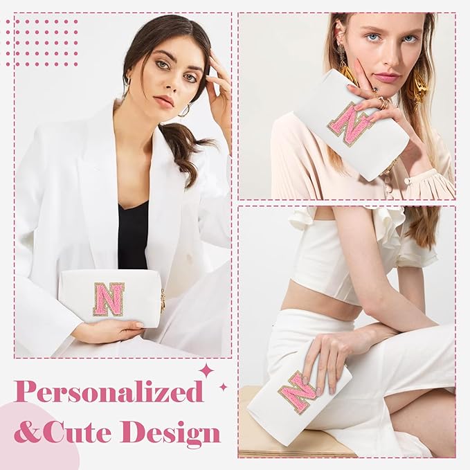 Personalized Makeup Bag Initial A-Z Preppy Patch Bag,Small PU Leather Travel Cosmetic Bag Pouch with Zipper,White Cute Toiletry Bag,Gift Ideal for Teen Girls Women Birthday Friend Mom,Letter N
