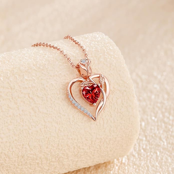 1.2CT Rose Heart Necklace Option of Moissanite or Lab-Grown Sapphire Ruby Emerald&More Necklace for Women Birthstone Girlfriend Necklace S925 Sterling Silver 18K White/Rose Gold Plated D Color VVS1 Gift for Wife Mother Daughter for Birthday Anniversary...