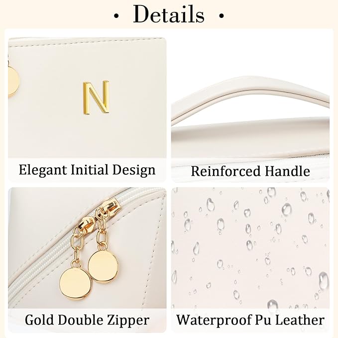 Gifts for Women Bridesmaid Gifts Personalized Initial Makeup Bag PU Leather Cosmetic Waterproof Travel Toiletry Bag (Medium)
