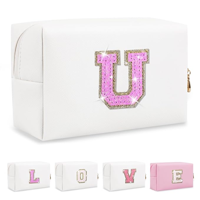 Small Initial Patch Makeup Bag Personalized Gifts Make Up Bag,White Cute PU Leather Glitter Letter Cosmetic Bag with Zipper,Trendy Portable Travel Toiletry Pouch,Preppy Stuff for Teen Girls Women U