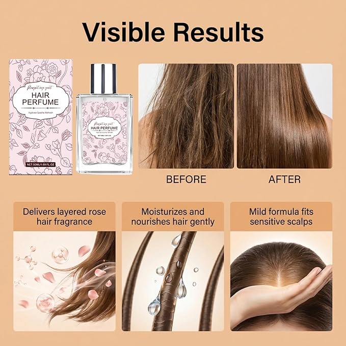 Rose Hair Perfume for Women - Long Lasting Hair Mist, Nourishing & Frizz Control Spray with Lightweight Rose Scent, Daily Moisturizing Fragrance for All Hair Types, Portable 50ml