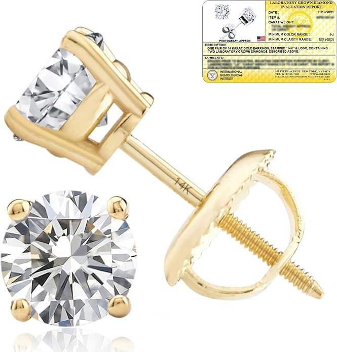 1/4-2 Carat IGI Certified Lab Grown Diamond Stud Earrings | Solitaire Real Diamonds Earring for Women in I-J Color & SI1-SI2 Clarity | 14K Gold Diamond Studs with Secure Backs by MAX + STONE