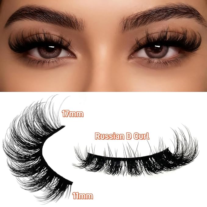 Natgluzie Eyelashes Wispy Lashes Strips - Russian D Curl Strip lashes, 3D Volume Mink Eyelash for Dramatic Look, 7-Pairs Fluffy False Eyelashes