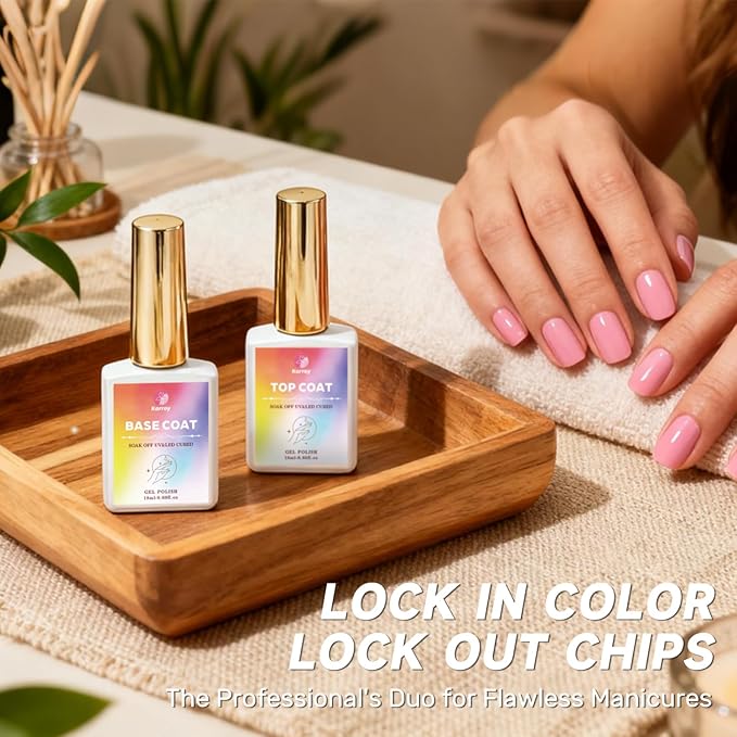 Karroy No Wipe Gel Polish Top Coat & Base Coat Set, 2PCS 18ml, High Gloss Shine Long-Lasting, Soak Off UV/LED Light Cured