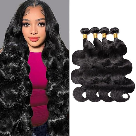 12A Human Hair Bundles 16 18 20 22 Inches Body Wave Bundles Human Hair 100% Unprocessed Brazilian Virgin 4 Bundles Human Hair Extensions Quick Weave Natural Black