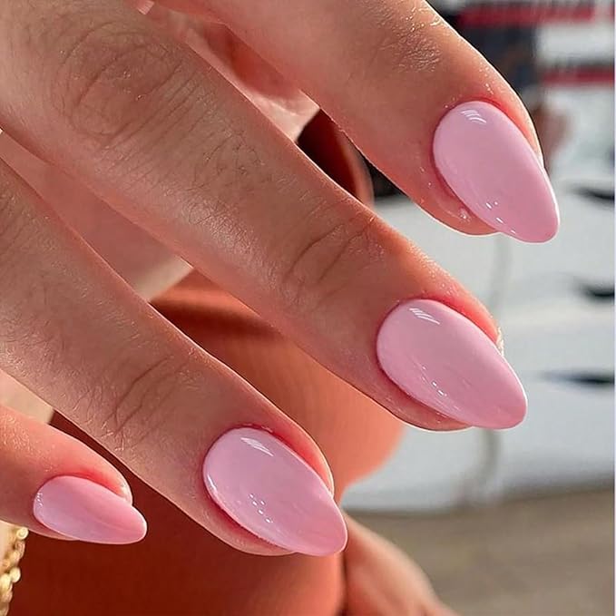 JONKASIPA Press on Medium Almond Shape, Pink Gel Nails, Glossy Short Tip Reusable Fake Nails, Acrylic Fake Nails Manicure Set, Designed for Women