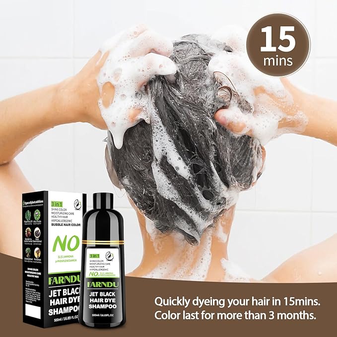 Farndu Jet Black Hair Dye Shampoo Ammonia-free & PPD-free, Gray Hair Coverage Natural Herbal 3 in 1 Hair Color Shampoo for Women Men