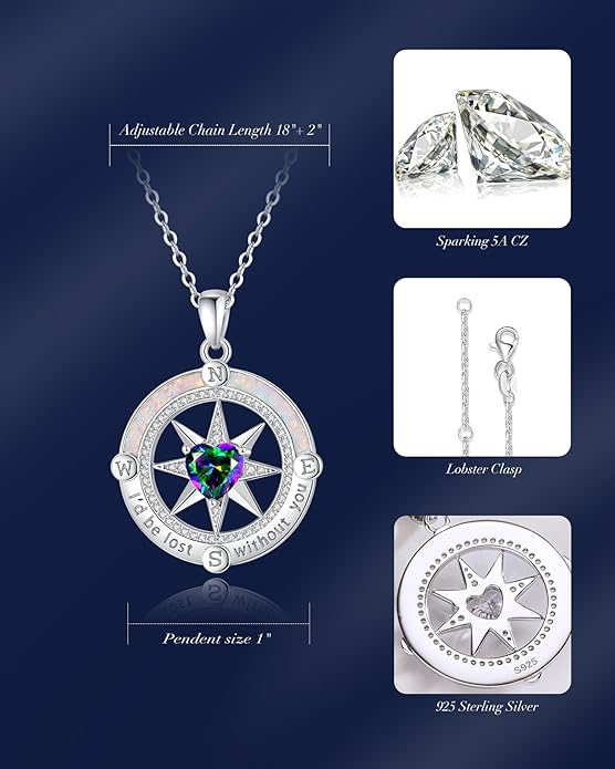 FANCIME Compass Necklace for Women Sterling Silver Compass Jewelry Opal Pendant Fine Jewelry Gemstone Birthday Christmas Gifts for Wife
