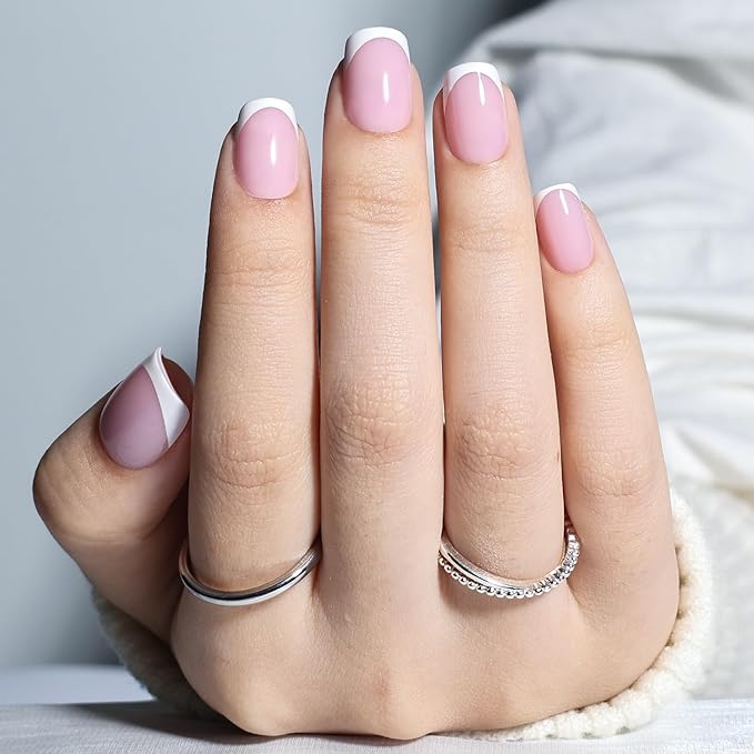 Leefrei French Tip Press On Nails - Short Square Press on Nails Pink White Tips Nails Press Ons for Women Fake Nails with Glue, Glossy Reusable Glue on Nail in 15 Sizes - 30pcs, Dusty Lavender