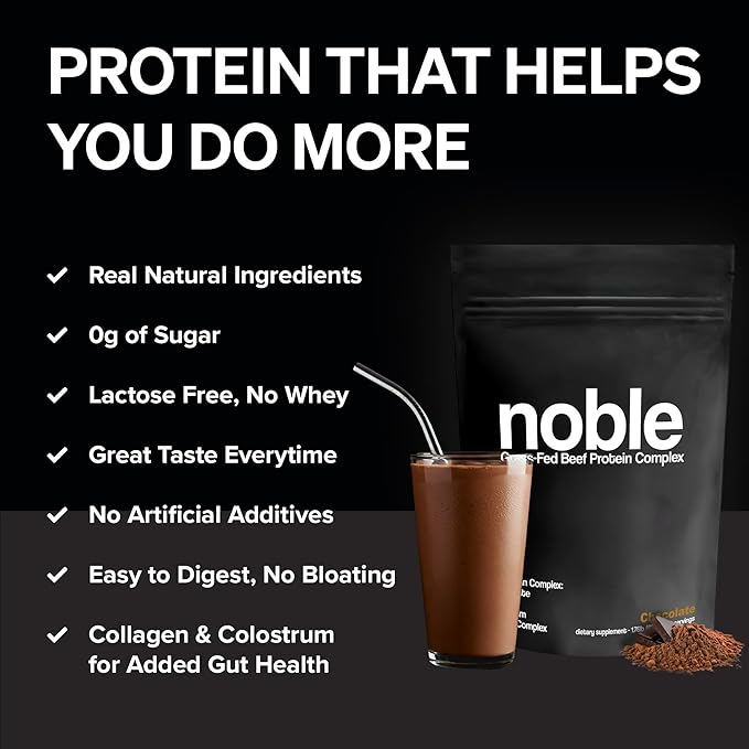 Noble All-in-One Chocolate Protein Powder, 21g Grass-Fed Beef Protein & Collagen, Colostrum & Organ Blend, Whey-Free, Seed Oil-Free, Zero-Carb, 30 Servings (1.75lbs)
