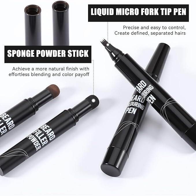 KGAJSGH Men's Beard Pencil & Powder Stick, Micro Fork Tip Beard Filler, Waterproof Beard Color Pen for Natural Looking Beard Mustache, Eyebrows, Hairline Coverage, Waterproof