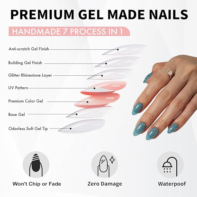 SHANGMENG Glitter Peacock Blue Press on Nails Almond Short with Sparkling Diamond - Soft Gel Fake Nails for Women Gift, Glossy Stick On Nails with Glue in 16 Sizes - 32 Reusable Nails, Peacock Blue