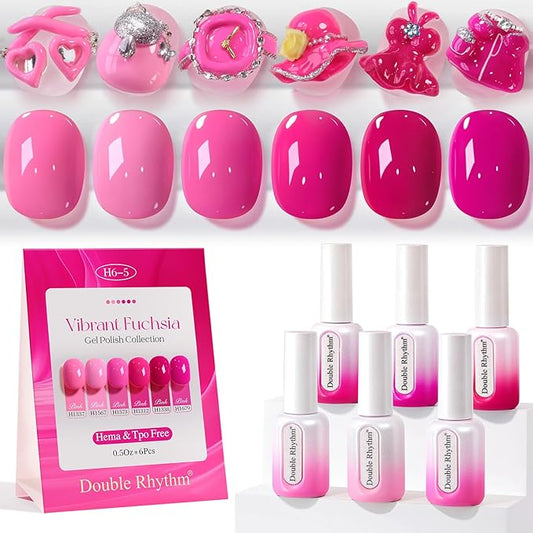 Double Rhythm 6 Pcs Hema Free Gel Polish Set 0.50 OZ Same Color Same Bottle Soak Off Neutral Natural Milky Gel Polish Kit Nail Art Manicure Salon DIY at Home (Bright Pink Purple-H6-5)