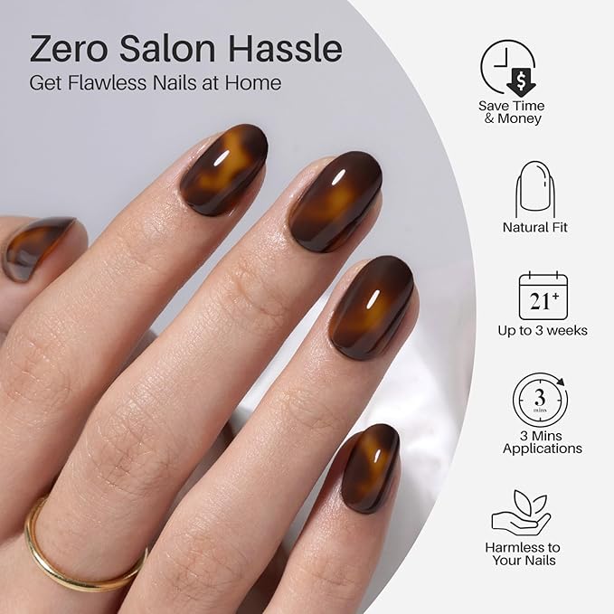 SHANGMENG Tortoise Shell Press on Nails Short - Soft Gel Oval Press on Nails for Women, Seamless Fit & Glossy Glue on Nails 16 Sizes - 32 Reusable Fake Nails Kit with Glue, Amber Memory