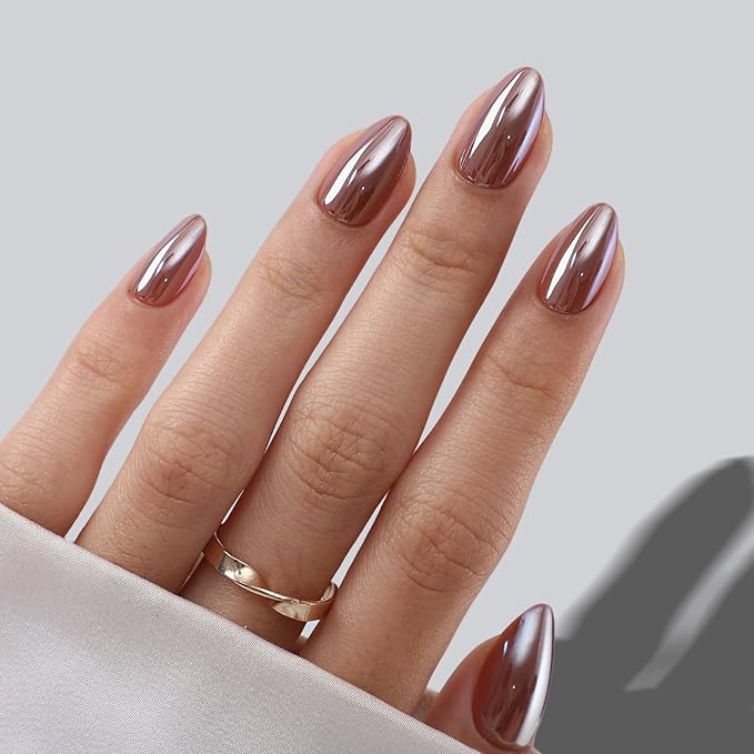 SHANGMENG Brown Press on Nails Short - Soft Gel Almond Chrome Press on Nails for Women, Glossy Glue on Nails with Glue, 16 Sizes - 32 Reusable Fake Nails Kit, Molten Mocha