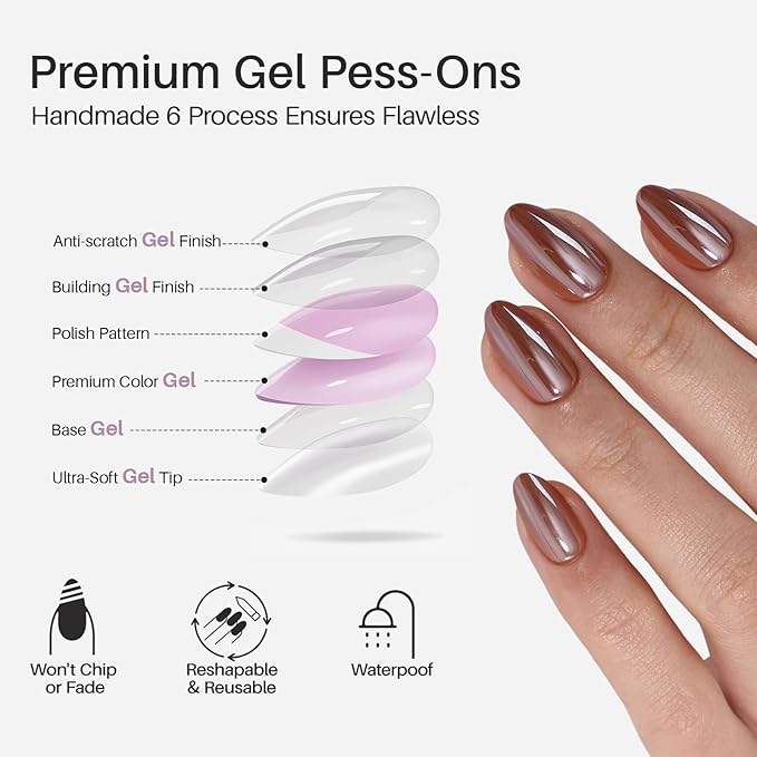 SHANGMENG Brown Press on Nails Short - Soft Gel Almond Chrome Press on Nails for Women, Glossy Glue on Nails with Glue, 16 Sizes - 32 Reusable Fake Nails Kit, Molten Mocha