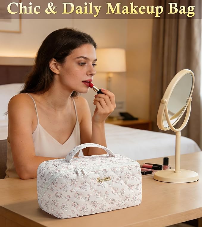 Travel Makeup Bag, 3 Pcs Large Capacity Puffy Toiletry Bag for Women, Open Flat Make up Cosmetic Organizer w/Handle & Clear Divider Water-resistant Portable Pouch Travel Essentials, L-Beige Rose