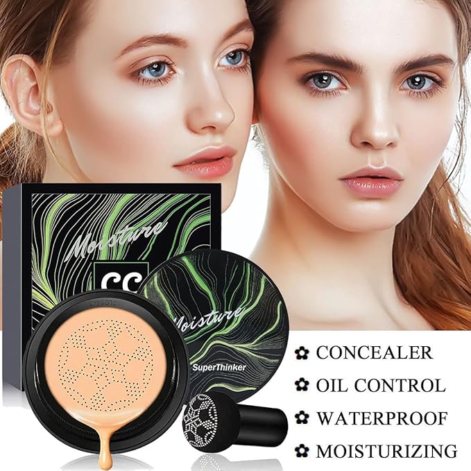 Air Cushion CC Cream Mushroom Head Foundation Makeup, BB Cream Face Makeup Foundation for Mature Skin, Moisturizing Natural Coverage, Tattoo cover up, Even Skin Tone for All Skin Types (Buff Beige)