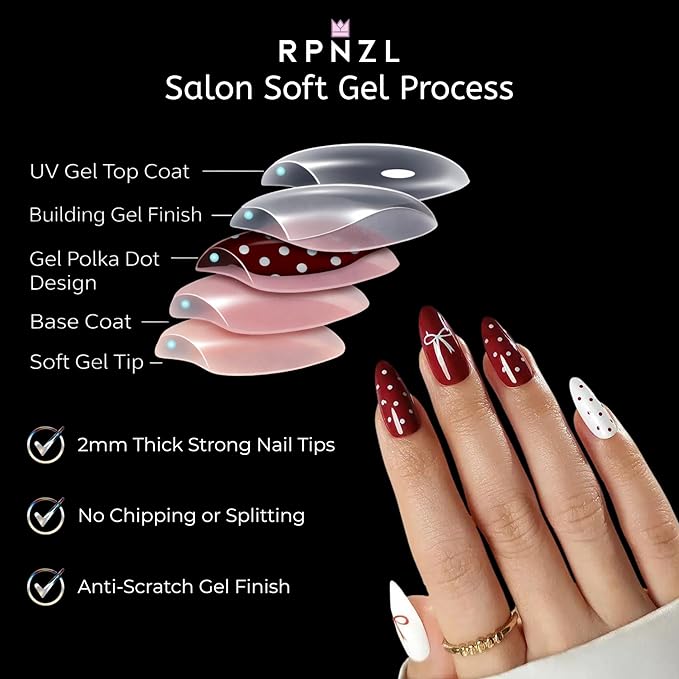 RPNZL Press On Nails - Paris | French Tip, UV Finish Almond Nails, Reusable | 16 Sizes - 32 Nails in Kit with Glue (Love)