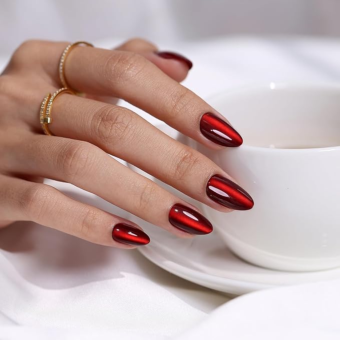 SHANGMENG Dark Red Cat Eye Press on Nails Almond - Soft Gel Valentines Short Press on Nails for Women Gift, Glossy Glue on Nails in 16 Sizes - 32 Reusable Fake Nails Kit with Glue, Wine