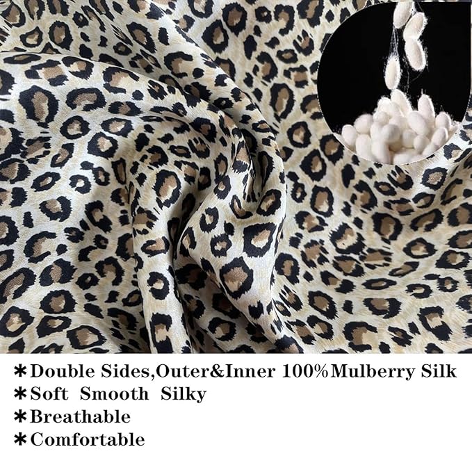 Cocheng 100% Mulberry Silk Bonnet for Sleeping Double Layer Silk Sleep Cap with Adjustable Tie Band 19 Momme Breathable & Adjustable Hair Bonnet (Leopard)