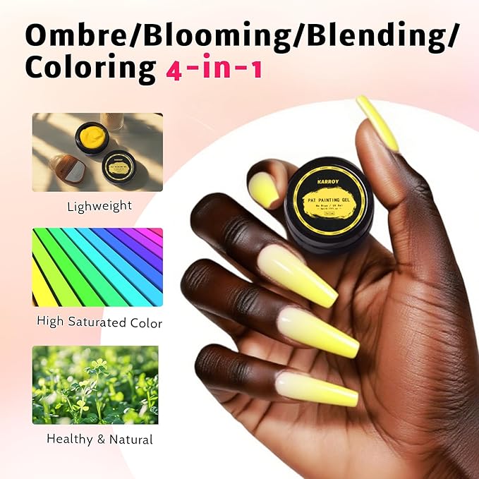 Karroy Sponge Pat Paint Nail Gel, Blending Colors Ombre Nails Gradient Gel Nail Blush Blooming Aura Nails Drawing Stripper Floral Painting Nail Art, No Wipe, UV/LED Curing 5ml 1PC (Yellow)