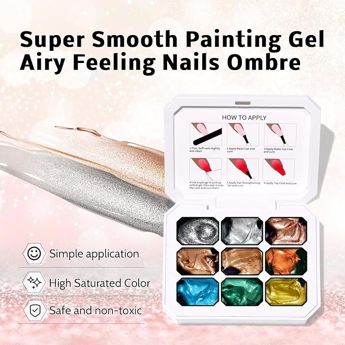 Karroy Chrome Metallic Gel Polish, Ombre Nails Colors Palette, Gold Silver Effect 3D Metal Painting Gel Nail Art Reflective Glitter Holographic Liner Sparkling No Wipe UV LED Cured (9 Colors M)